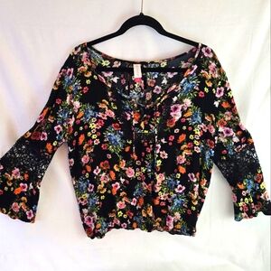 Floral Sz XL Black Lace Sleeve Tie Cottagecore Grommet Women Shirt Elastic Waist